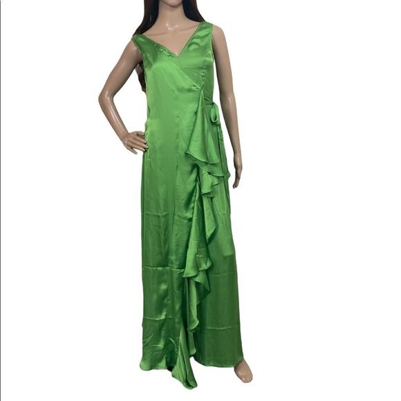 ASOS 2 NWT green silky jumpsuit with wraparound ruffle sleeveless - Picture 1 of 9